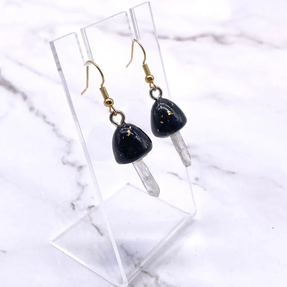 Black Mushroom Quartz Crystal Dangle wire hook polymer Clay Earrings